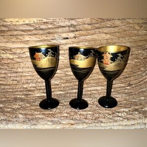 Vintage Japanese Black Lacquer Wood Hand Painted Sake Cup Set Of 3